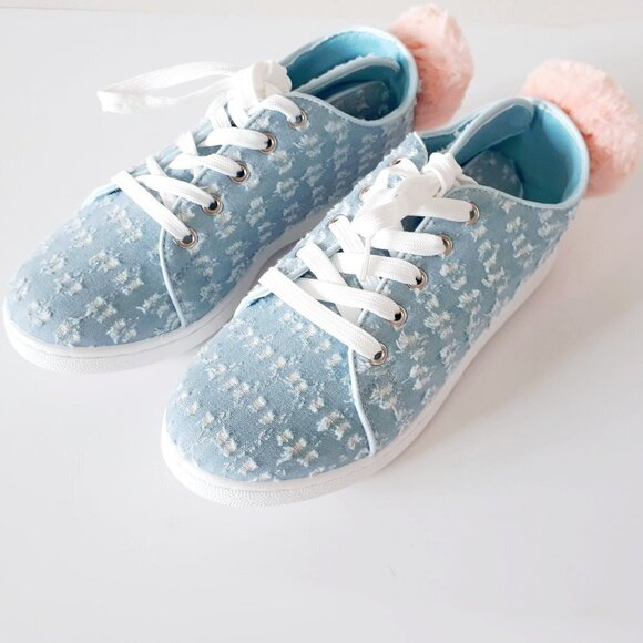 NWT / NIB Qupid blue denim-like bunny ear lace up faux fur pom pom sneakers - Picture 10 of 14